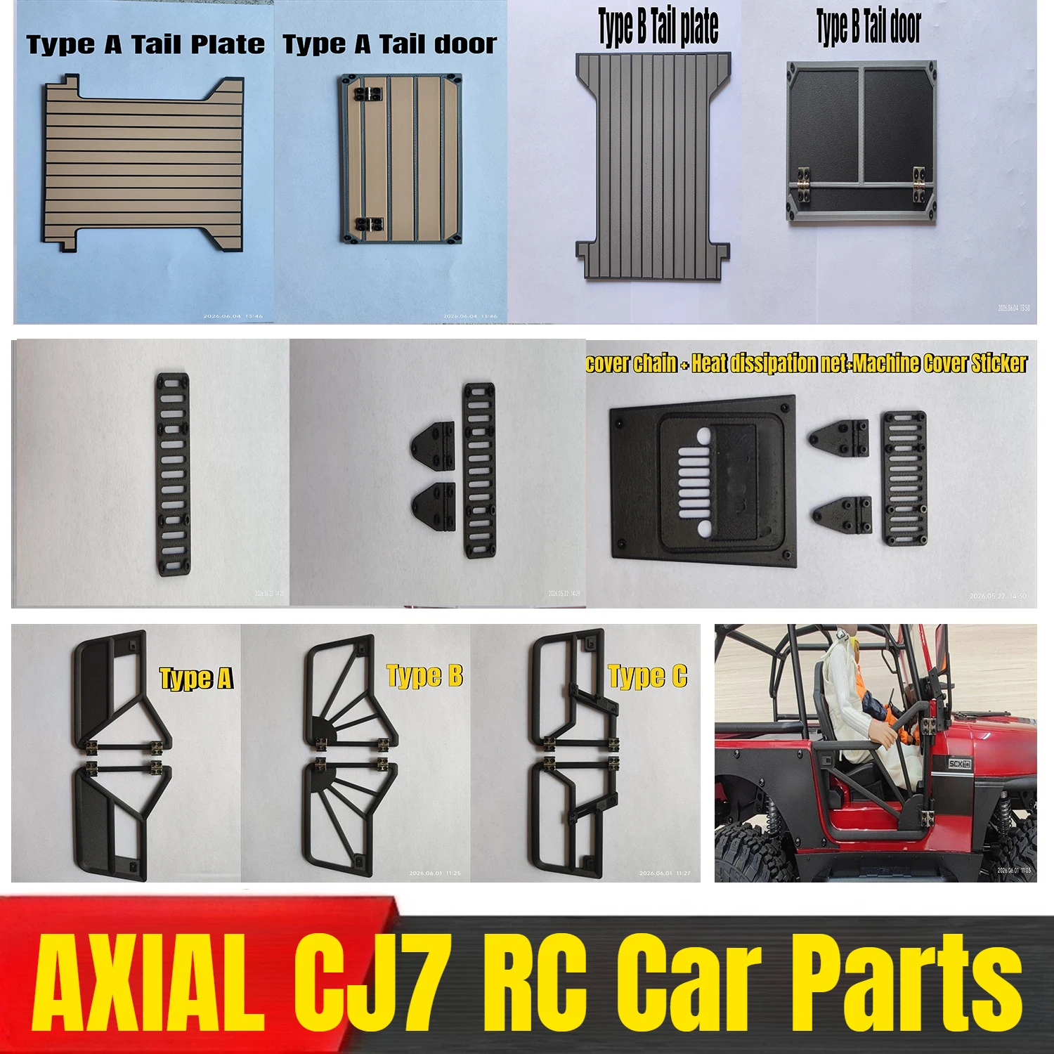 AXIAL CJ7 RC Remote Control Car Spare Parts - Tail Door + Tail Plate Car Door Hood Screw Chain Heat Dissipation Net Hood Sticker