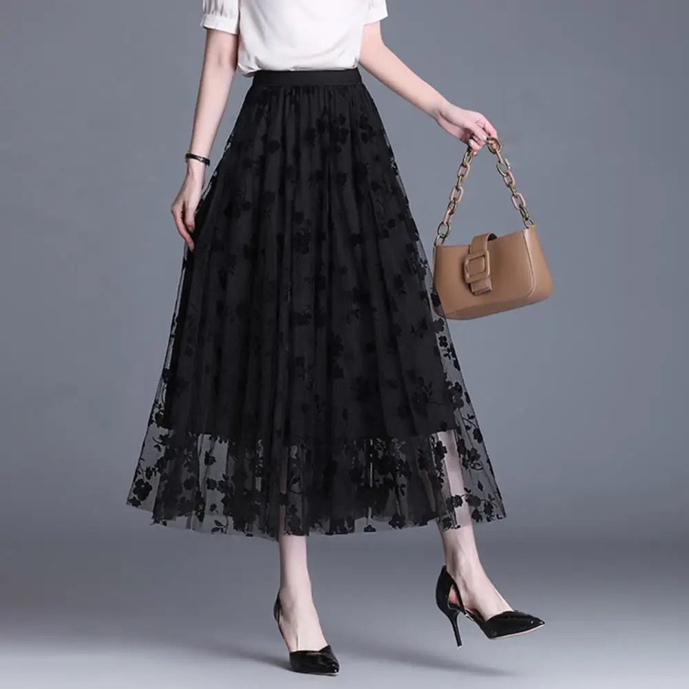 Women Reversible Skirt Elastic High Waist A-Line Style Skirt Embroidery Flocked Flower Print Midi Skirt Women Pleated Skirts