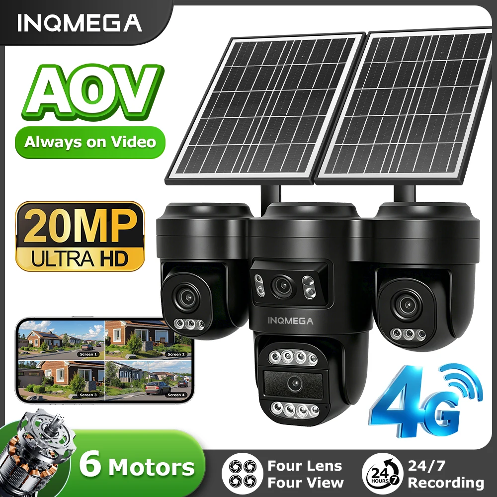 INQMEGA 4-lens Four-Screen AOV Outdoor Surveillance Camera 4G Security Cctv With APP Control 3-PTZ lens online all the time