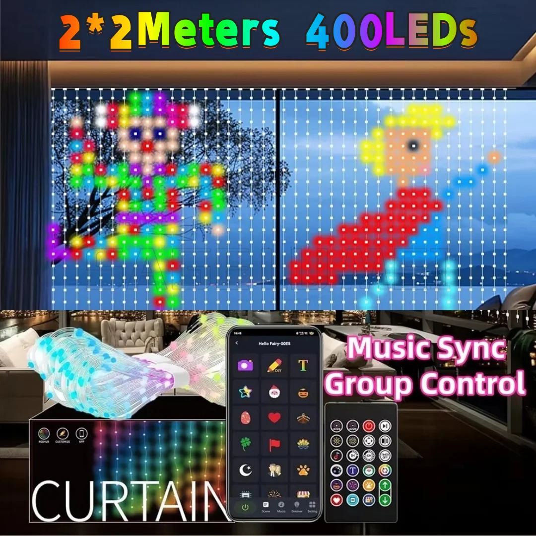 

2M 400LEDs Smart Curtain Lights BT App LED String RGB Fairy Lights DIY Music Sync Display for Birthday Holiday Party Decoration