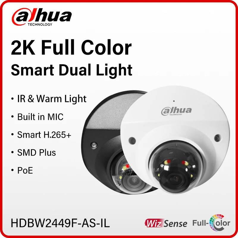 Dahua 4MP Full Color Mini Camera Smart IR & Warm Light Monitor With Audio Alarm Port Mic IP67 IK10 PoE H.265+ HDBW2449F-AS-IL