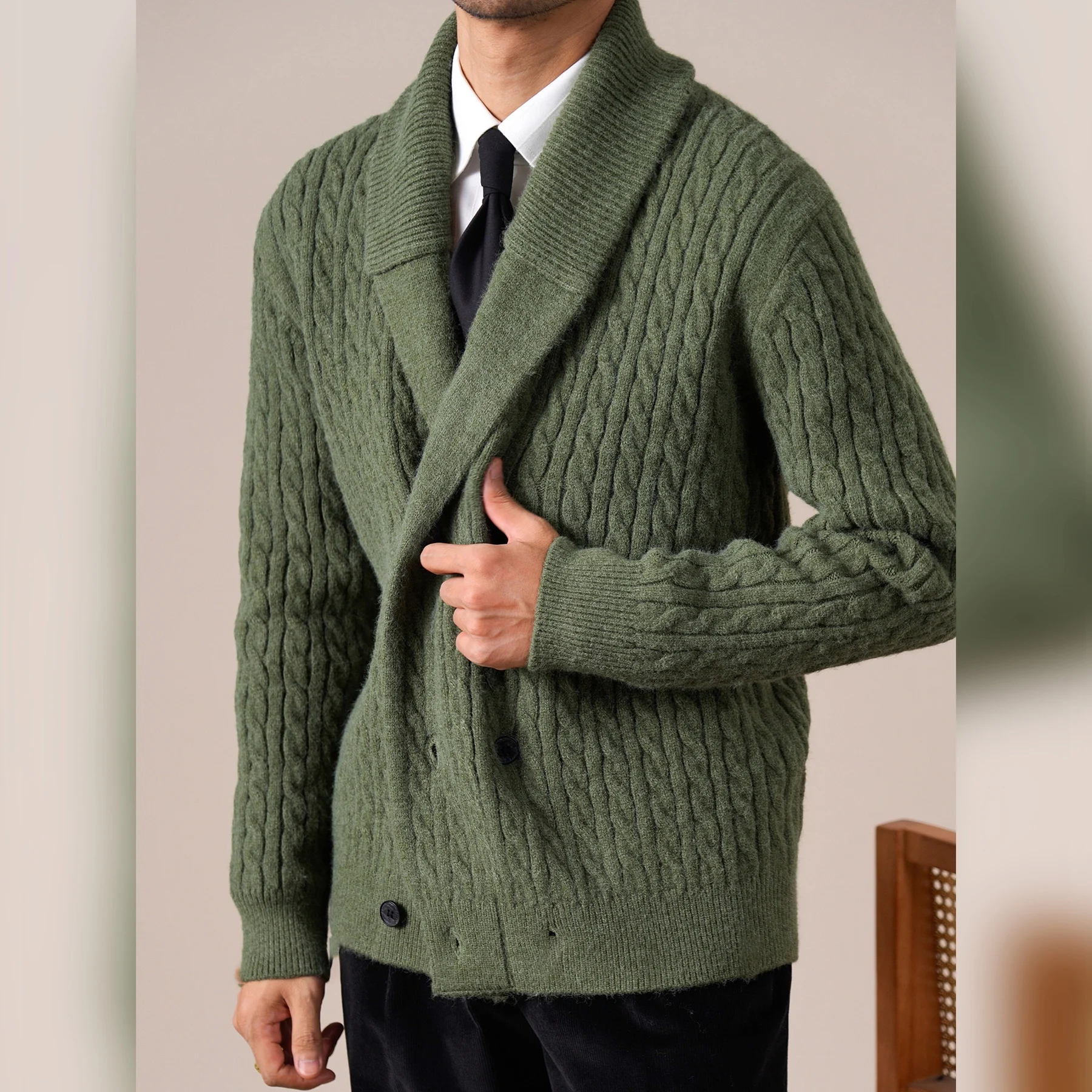 

Mens Sweaters Green Collar Sweater For Men Autumn And Winter Thick Style Lazy Old Money Style Business Casual Single-Breasted