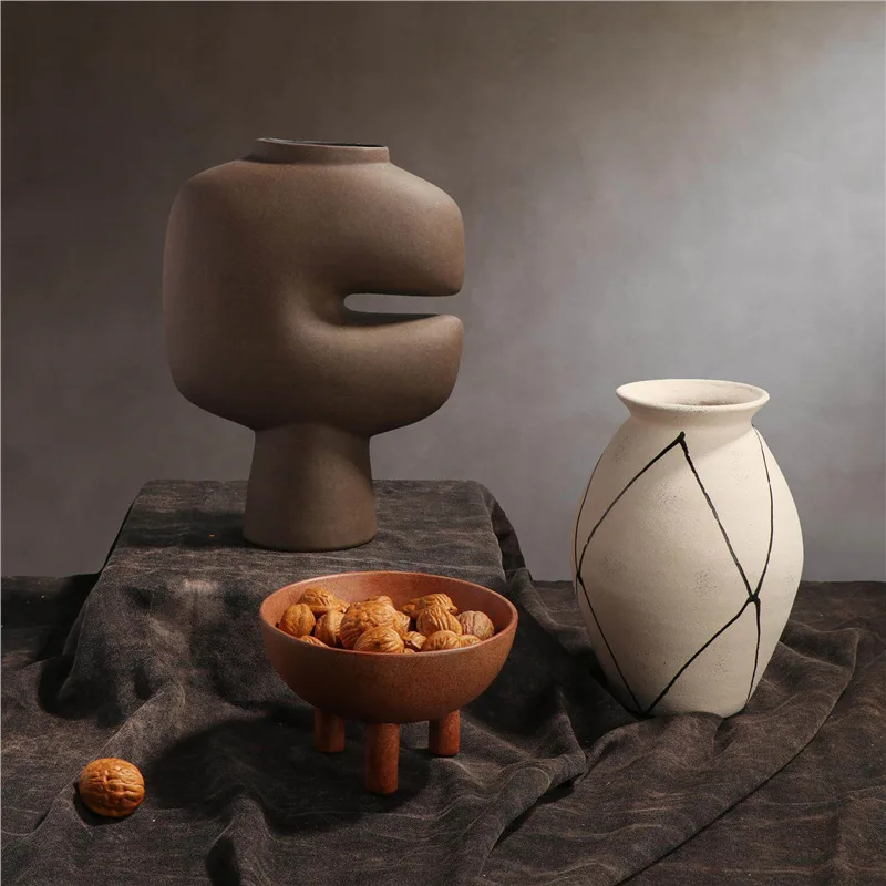 Modern wabi-sabi wind  flower ware  spotted striped creative dried flower arrangement living room  vase decorative ornament