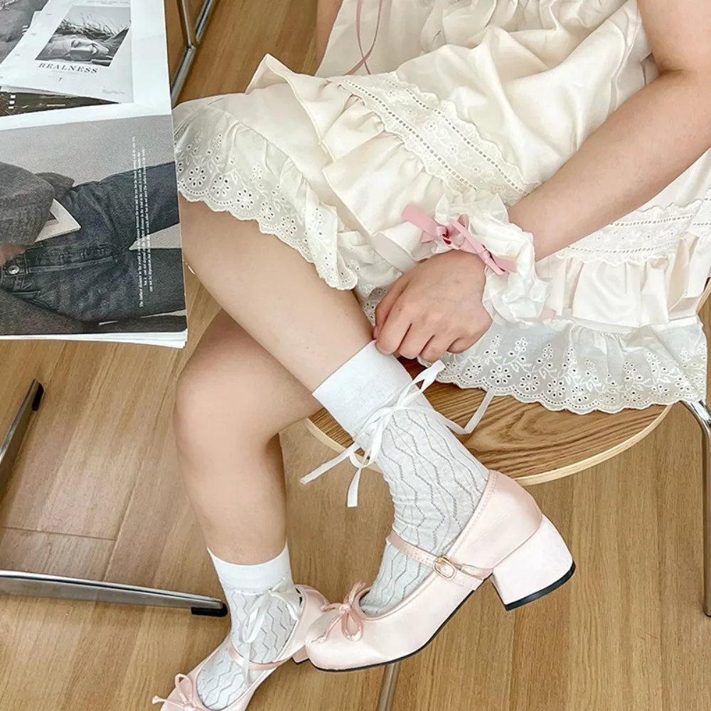New Polyester Cotton Sweet Style Socks Solid Color Accessories Bowknot Socks Short Crew Socks