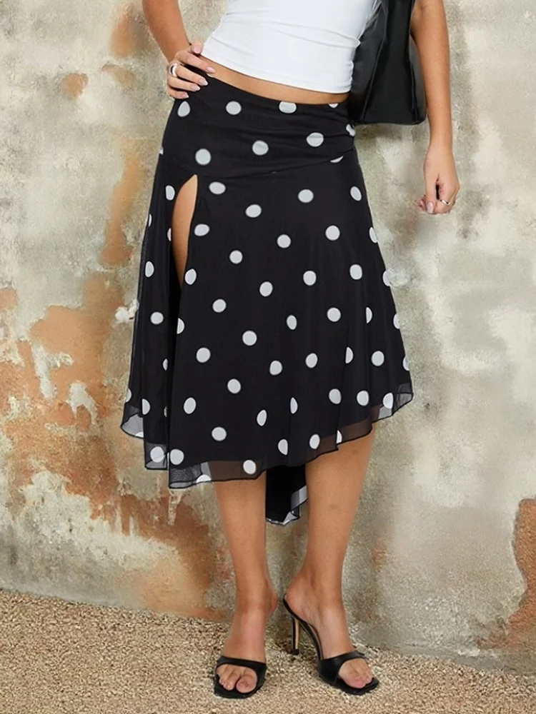 Fantoye Polka Dot Printed Irregular Split Women Skirt Black High Waist Ruffles Slim Long Skirt Female Spring Casual Streetwear
