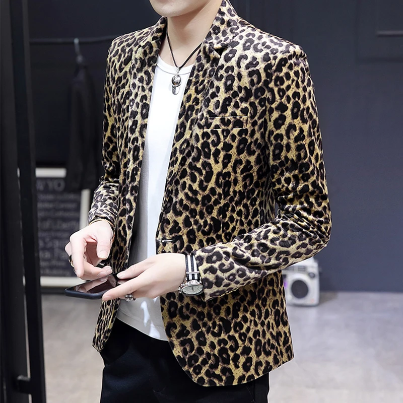 Men Leopard Casual Blazer Single Button 2024 Spring Autumn Korean Style Notched Lapel Mens Velvet Suit Jacket