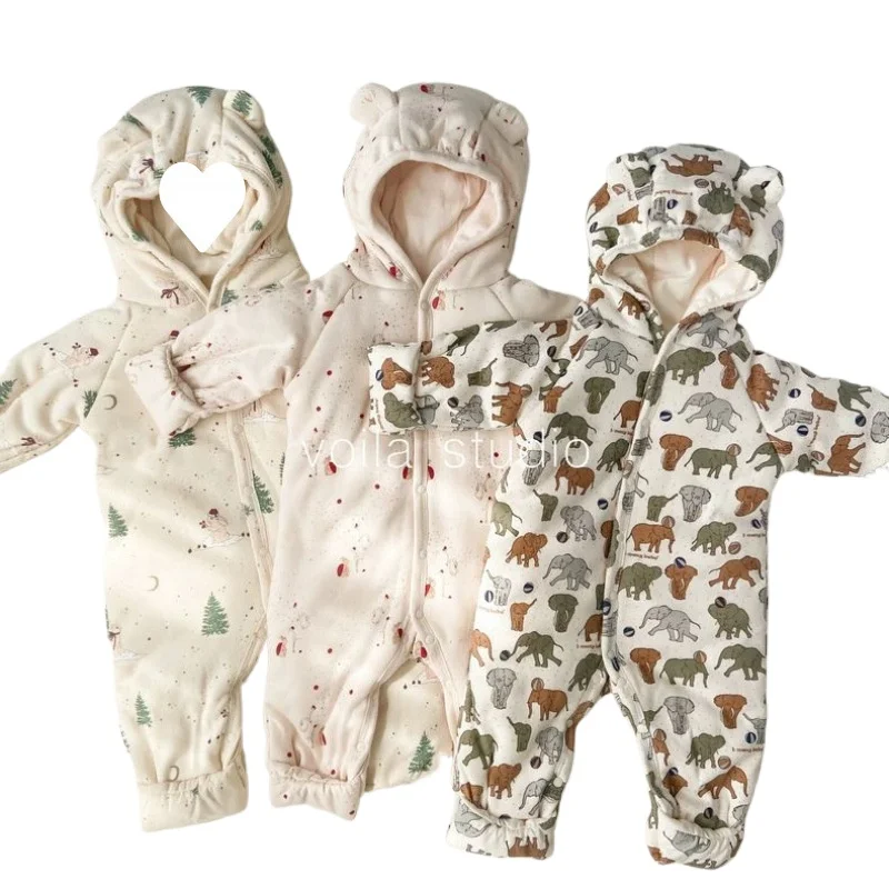 

Зимняя утепленная теплая верхняя одежда для малышей, комбинезоны, пальто с капюшоном, хлопковые пуховые парки, модный комбинезон с принтом для новорожденных девочек