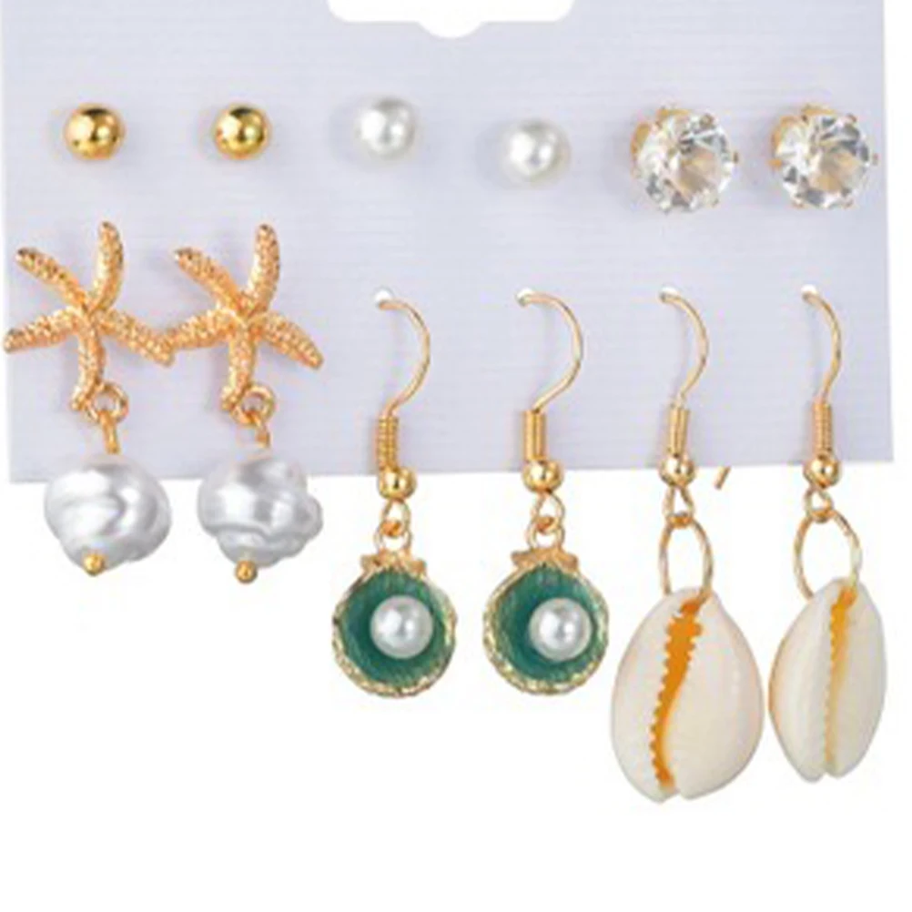 

6 Pairs Stylish Decorative Earrings Set Sea Star Shells Metal Eardrop Fashion Ear Jewelry for Women