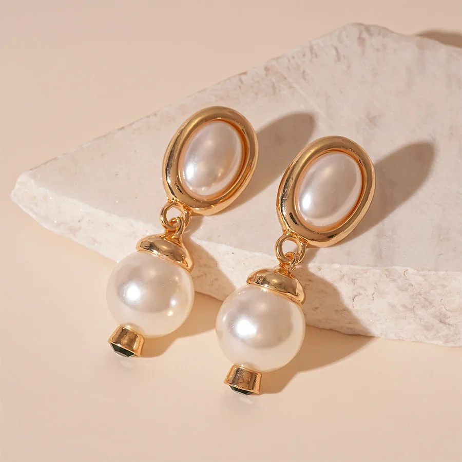 French retro imitation pearl geometric lantern silver needle earrings fashionable simple niche temperament high-grade literary