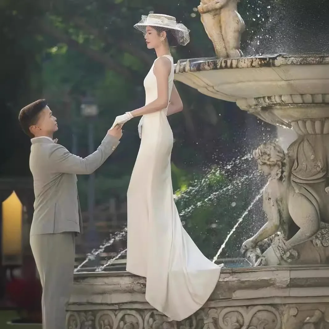 Robe de Mariée en Satin Blanc à Col Rond pour Femme, Tenue Sirène Simple, Légère, Coréenne, pour Séance Photo