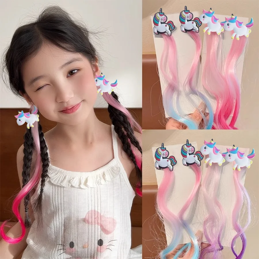 2PCS Lovely Princess Unicorn Multicolour Wig Girls Hairpins Cute Kids Headwear Gift  Hair Clips Barrettes Hair Accessories