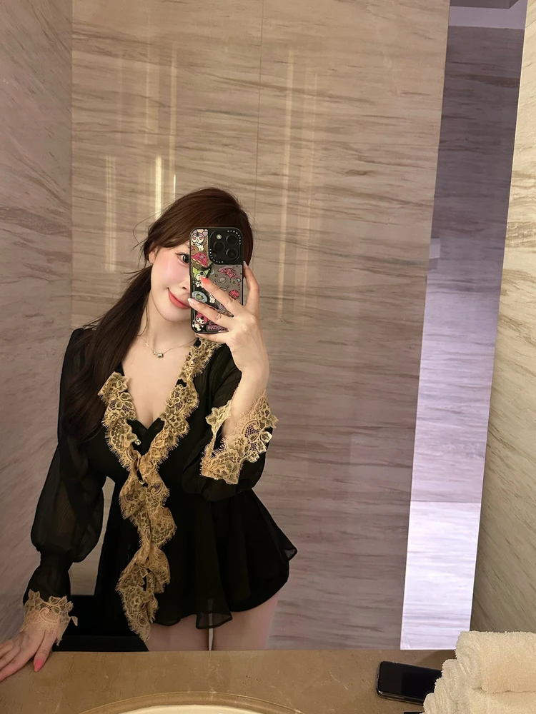 

Женская летняя блузка M900 из шифона с кружевными вставками, приталенная, с длинным рукавом, сексуальная, полупрозрачная, укороченная, свободного кроя, в нежном стиле