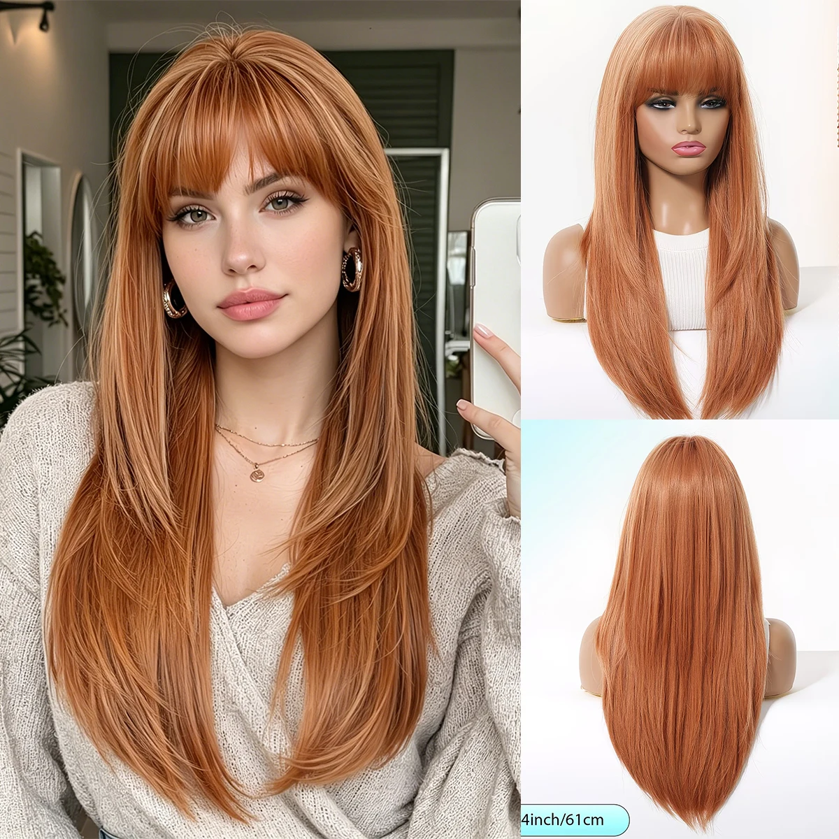 EASIHAIR Orange Synthetic Wigs for Women Long Straight Ginger Copper Wigs With Bangs Natural Layered Hair Heat Resistant Wigs