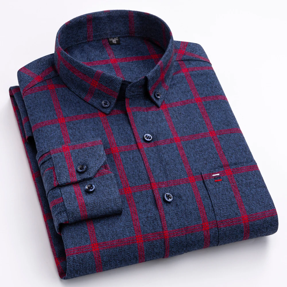 Men's Thick Pure Cotton Brushed Plaid Long Sleeve Shirt with Left Chest Pocket - Autumn Winter Casual Comfort Button Down Shirts