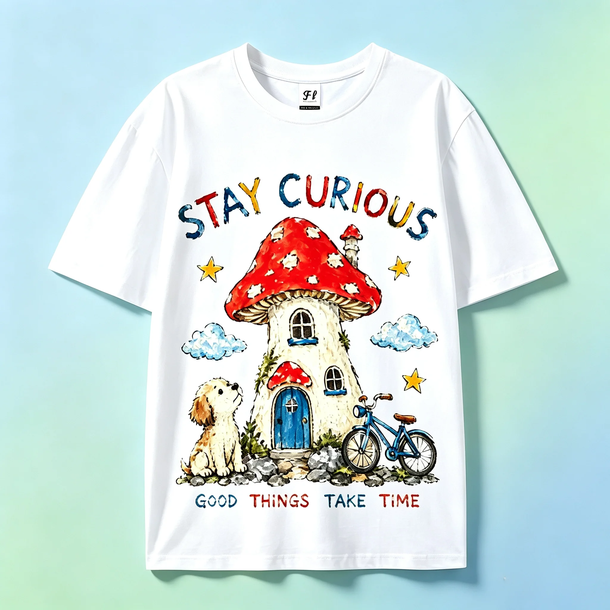 STAY CURIOUS Mushroom House Illustration Print Crew Neck T-Shirt Childlike Cartoon Pattern Casual Top