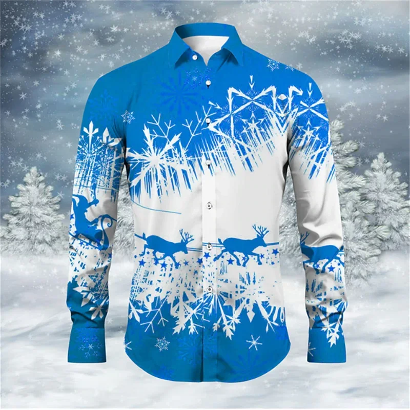 2024 Fashionable Men\'s Shirt Lapel Long Sleeve Elk Fireworks Colorful Clear Pattern Soft and Comfortable Men\'s Tops Plus Size