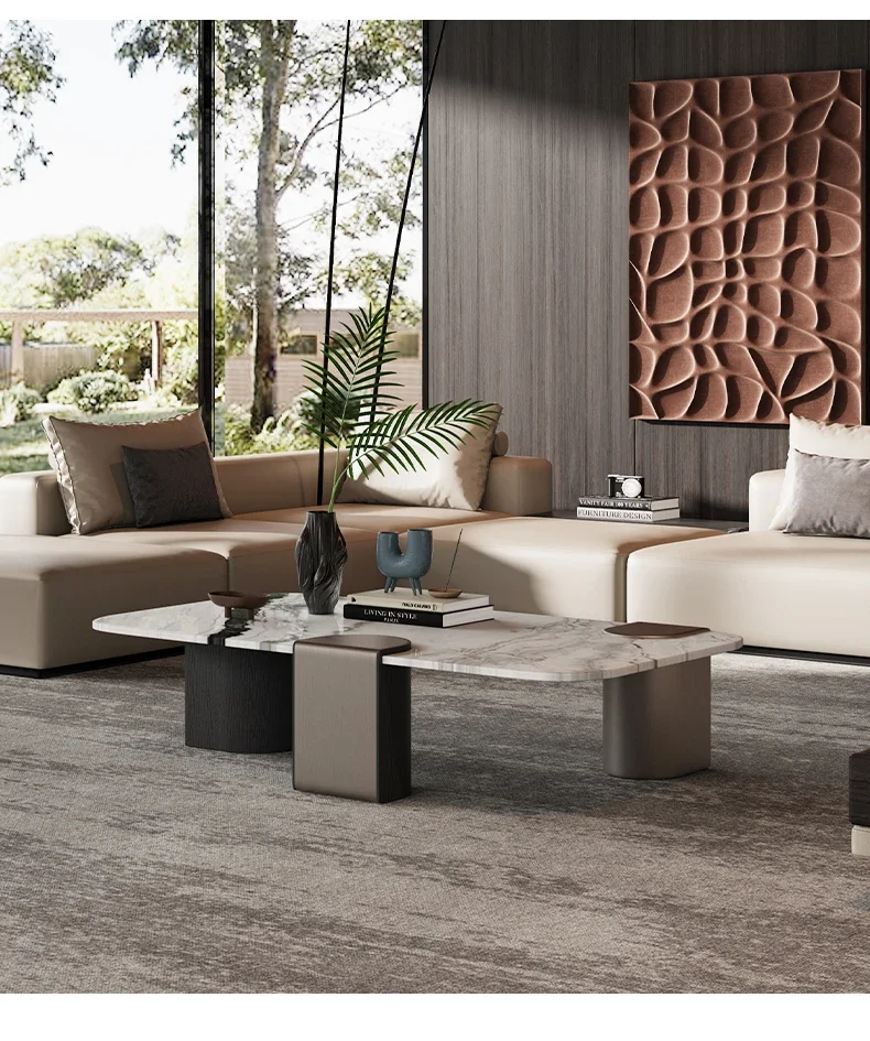 Moderno e minimalista aço inoxidável cinza madeira pé natural luxo pedra mármore retangular mesa de centro