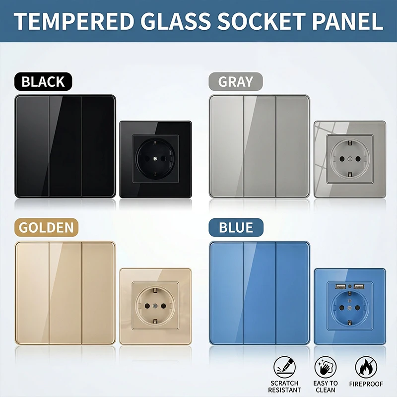 

86mm Tempered Glass Wall Switch Socket Panel EU French UK Standard USB Charging Port 1/2/3/4 Gang Push Button Rocker Switch
