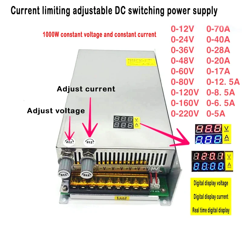 

Current limiting digital adjustable DC 1000W switching power supply 0-12-24-36-48-60-80-120-220V