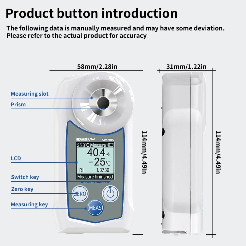 SW90S Refractometer 4-in-1 Ethylene Glycol Concentration Freezing Point Temperature Refractive Index Digital LCD ATC