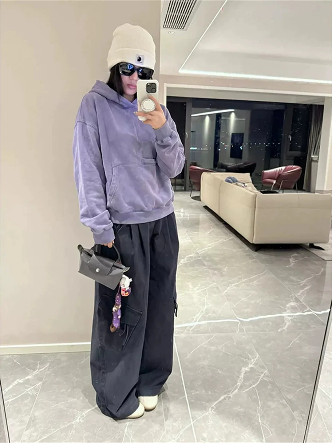 Washed out American Style Long Sleeve Hoodie Women's Loose Casual Comfortable Outerwear Purple Vintage T-Shirt Coat