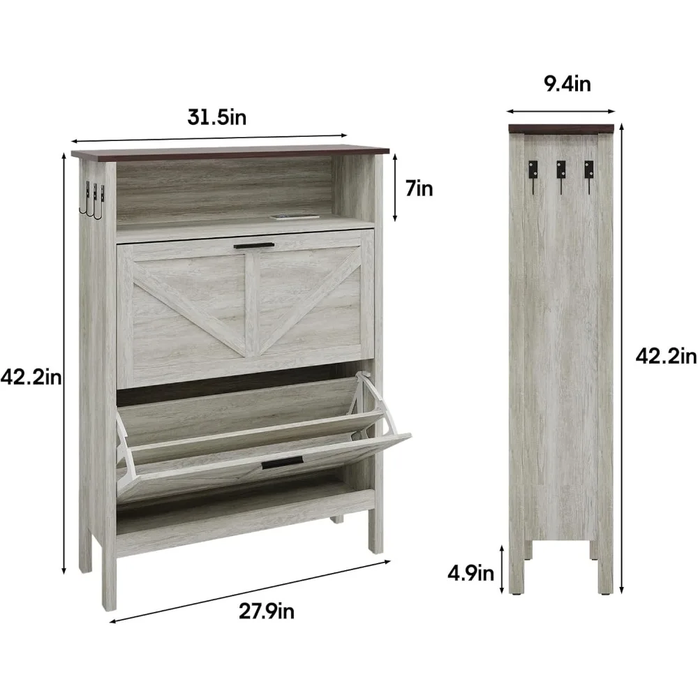 خزانة تخزين الأحذية مع درجين قابلين للطي، وظيفة إزالة الروائح الكريهة الأوتوماتيكية، خزانة تنظيم الأحذية قائمة بذاتها، بلوط بيج #3