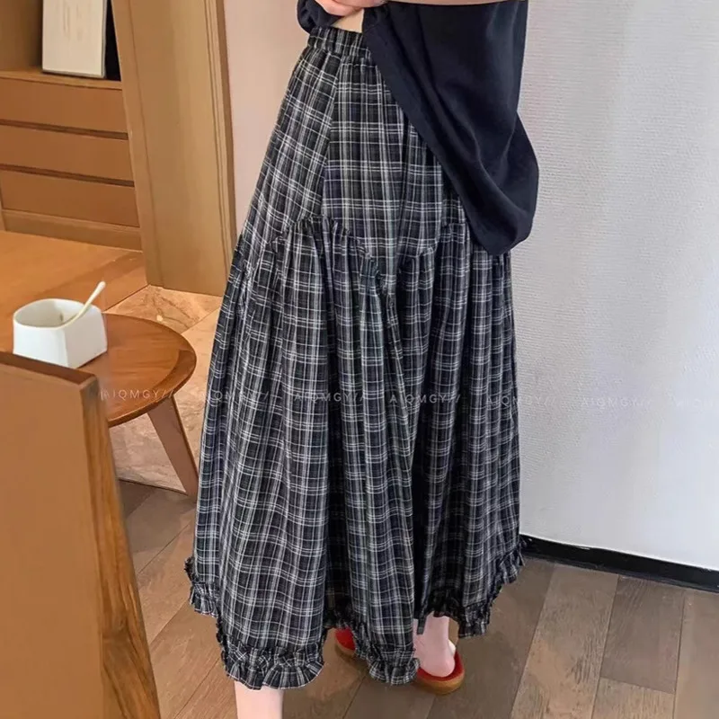 Rok Gaun Kotak-kotak Wanita Musim Panas Y2K Rok Kue Kotak-kotak Renda Retro Korea Rok Setengah Panjang Penutup Daging Rok A-line Baru