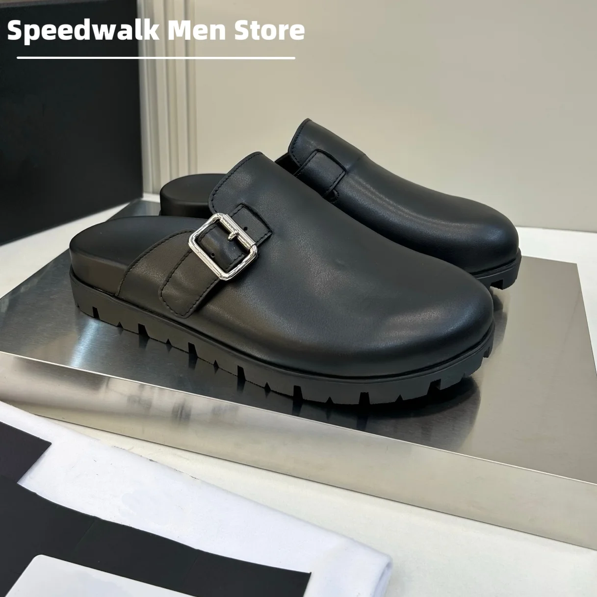 Men Genuine Leather Suede Mule Clogs Adjustable Metal Buckle Lug Sole Slip On Slides Summer Casual Walking Shoes Multi Colors