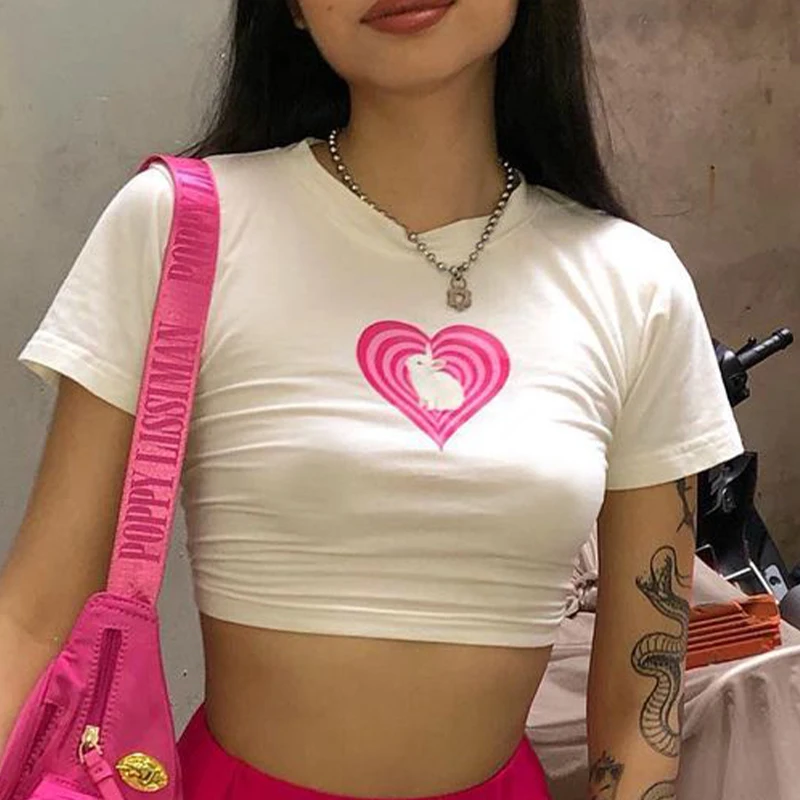 Y2K Cute Heart Shaped Rabbit Women Baby Tee Streetwear Girl Vintage Girlish Letter Crop Summer 2000s Goth Slim T-Shirt Emo 2023