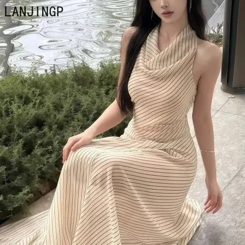 

French retro temperament striped neck women's summer new swinging collar waist long dress sleeveless skirt