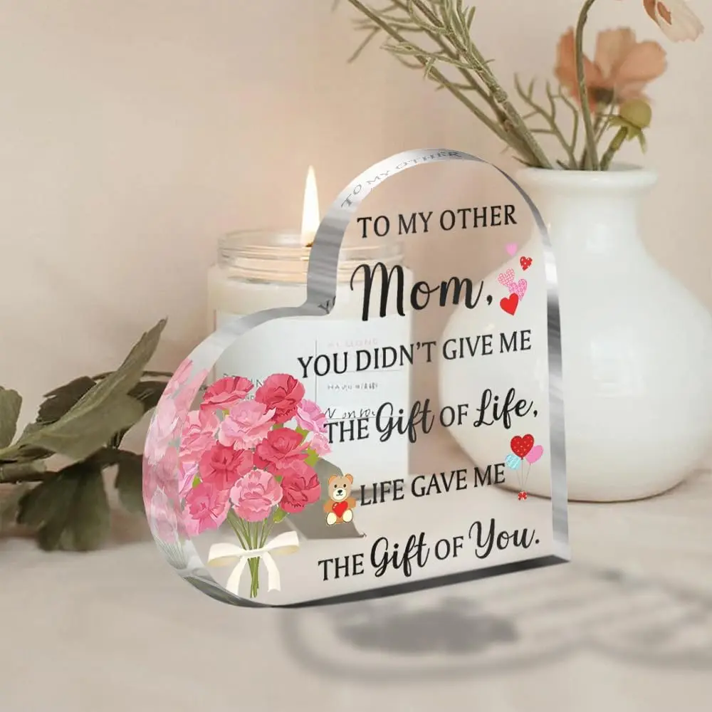 Heart‑Shaped Acrylic Plaque To My Other Mom Carnation Sentimental Keepsake Gift，You Are The Gift Of My Life Freestanding Heart Acrylic Desktop Decor For Step‑Mom