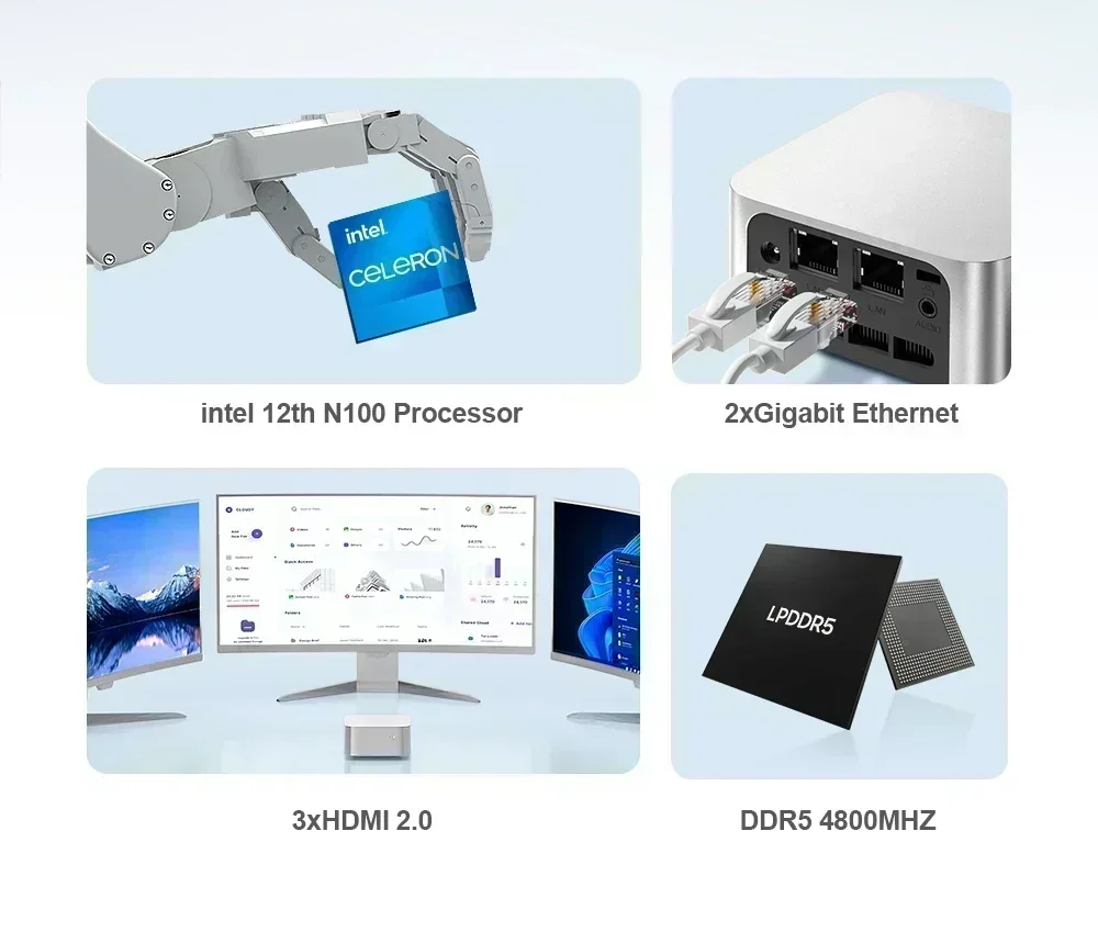 Chatreey T8 komputer saku PC Mini, Intel Celeron Quad Core N200/N100 3xHD 2.0 2xGigabit Ethernet Windows 11 Wifi5