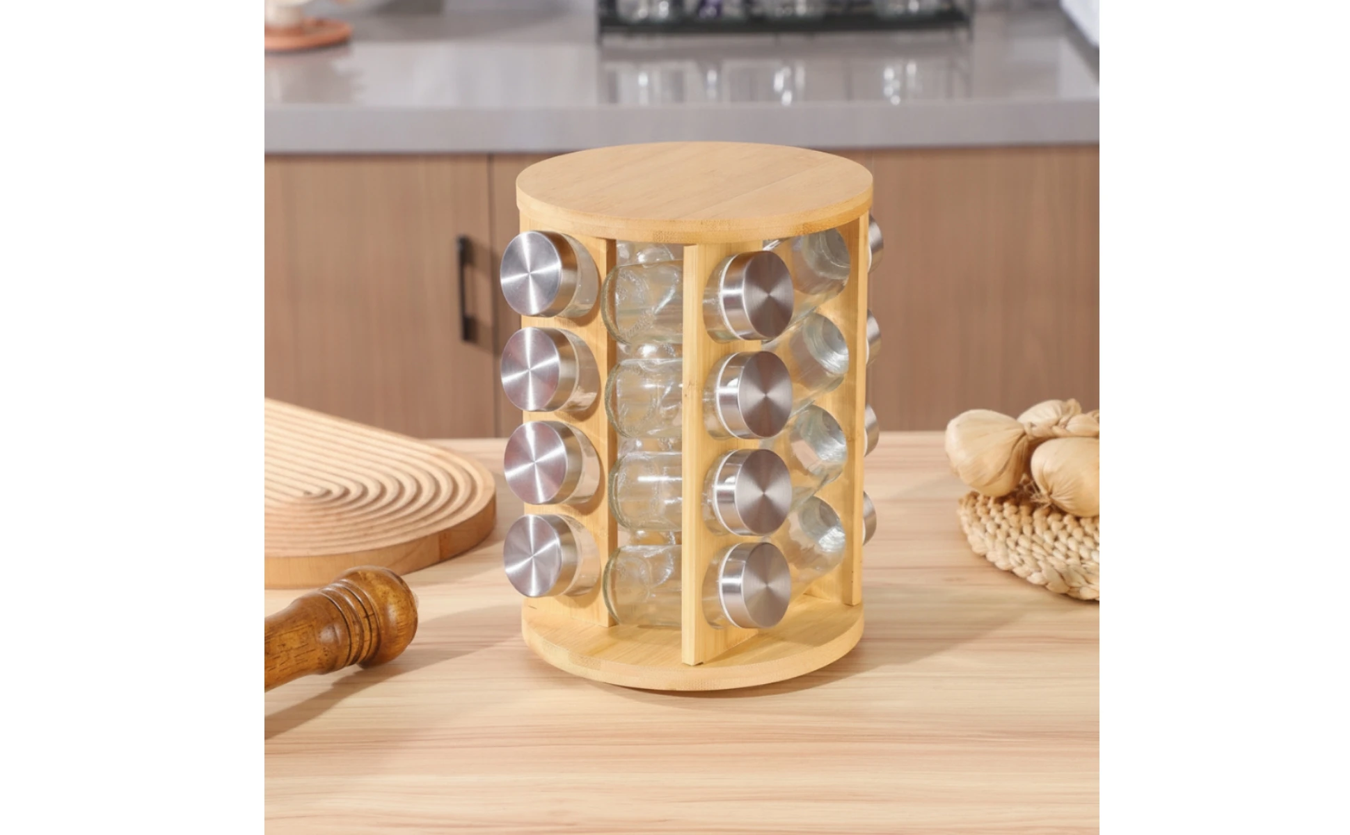 Bamboo Seasoning Rack with Glass Jars Countertop Seasoning Rack with Jars Seasoning Bottle Set Revolving Rotating for Cooks