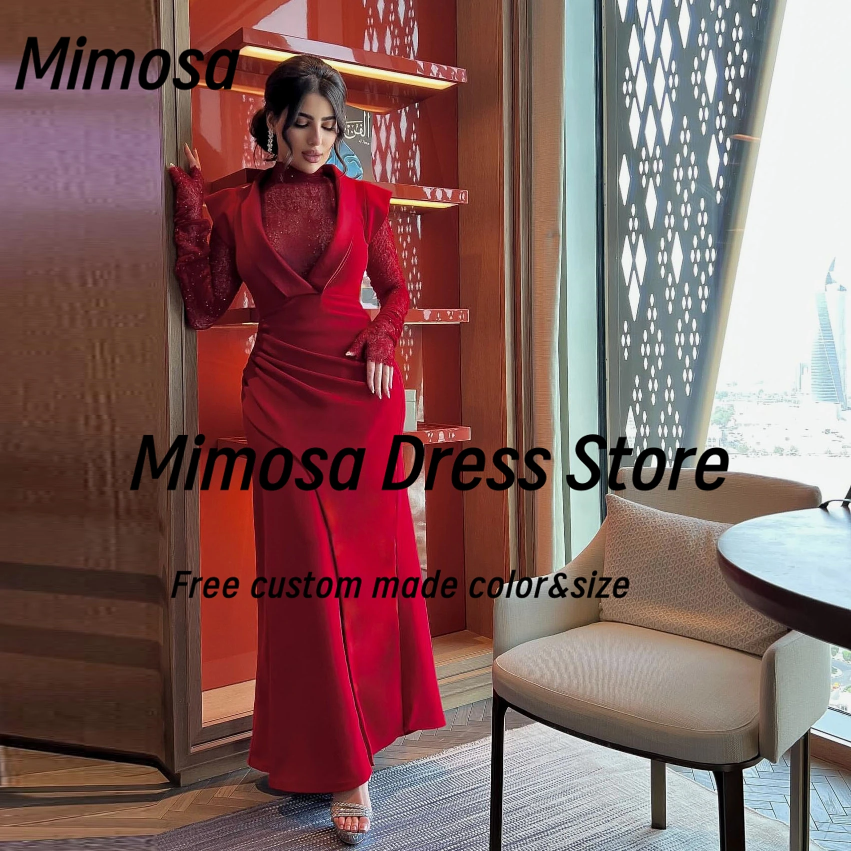 

Mimosa элегантное вечернее платье с высоким воротником и длинными рукавами, платья для выпускного вечера, Саудовские женщины, вечерние платья с рюшами и боковыми разрезами по индивидуальному заказу