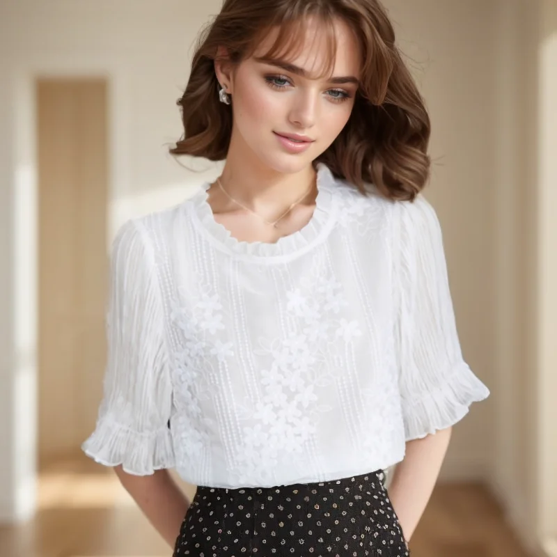 Short Sleeve Embroidery Chiffon Women Blouse Casual Elegant White Stand Collar Tops Summer Hollow Out Shirt