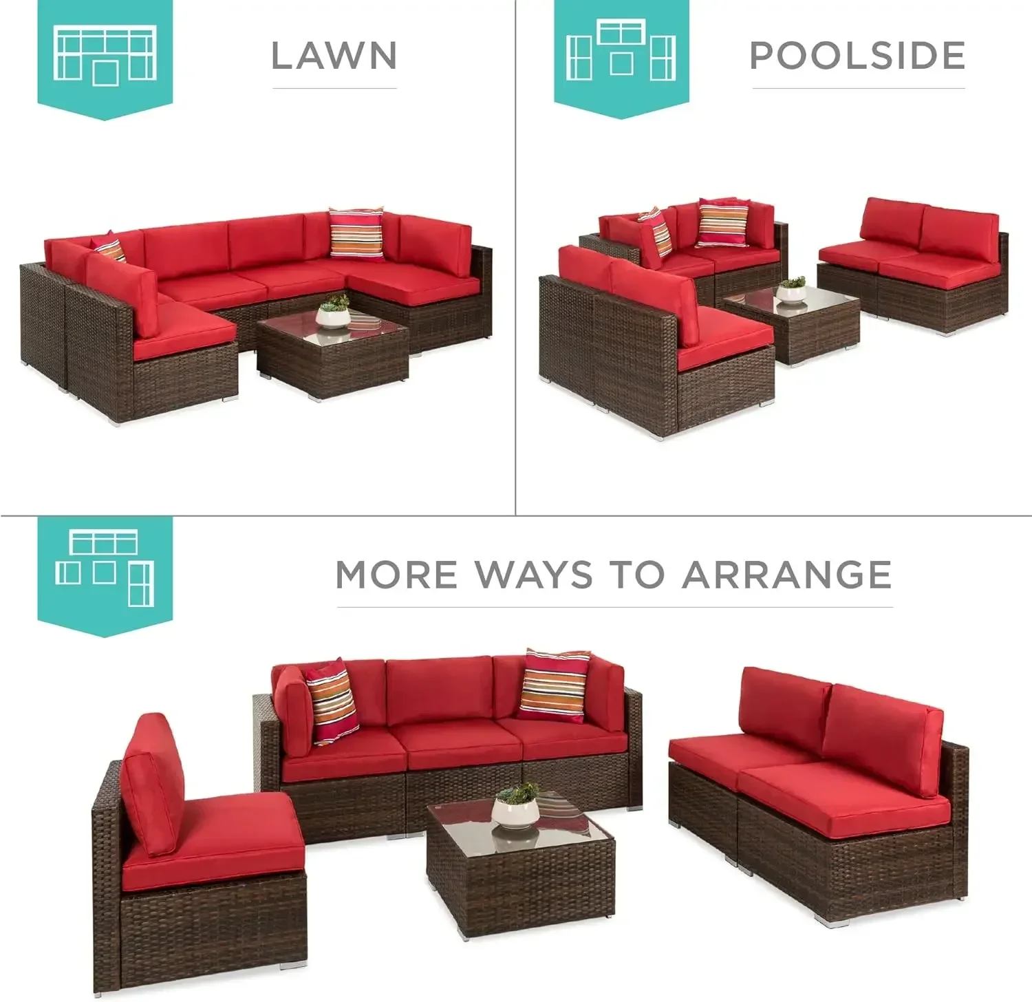 Best Choice Products 7-Piece Modular Outdoor Sectional Wicker Patio Conversation Set w/ 2 Pillows, Coffee Table,Brown/Red