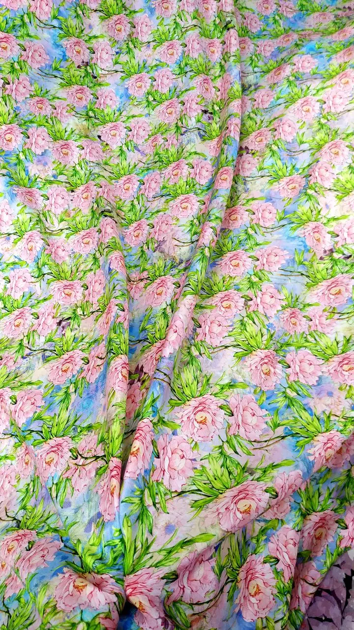 Real 100% Mulberry Silk fabrics sewing Pants Shirt Cloth Crepe de chine Brand Fashion Design Green Flowers Print floral fabric