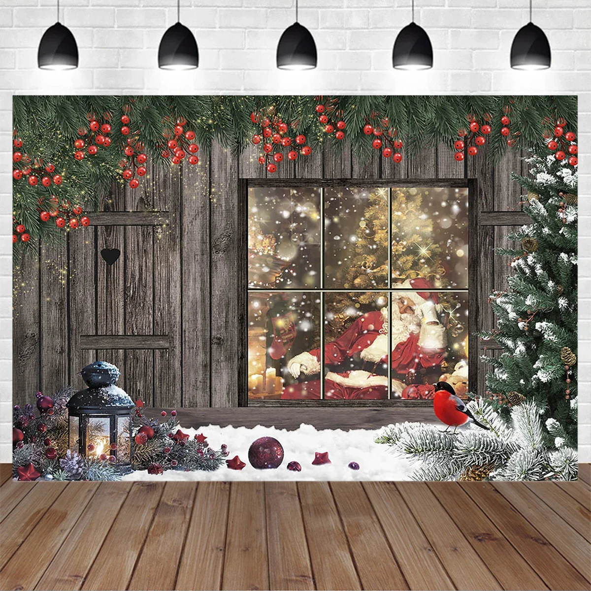 

Santa Claus Wooden House Decoration Background Christmas Tree Snow Winter Home Photography Backdrop Prop Children Indoor Photo