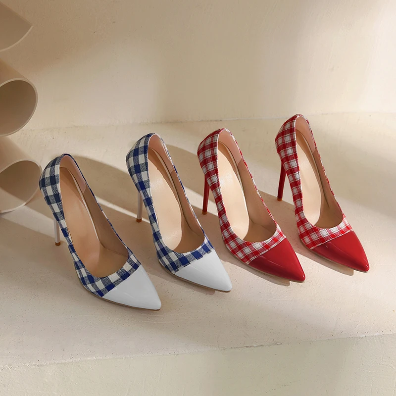 Princess style pointed toe stiletto shoes for women 2024 spring new super high heels sexy color matching shallow high heels extra large size 47 plaid women's shoes European and American