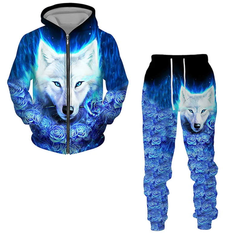 

Новый мужской костюм с 3D принтом Wolf, толстовка с капюшоном на молнии, спортивные штаны, крутая, осенне-зимняя одежда, модная повседневная одежда