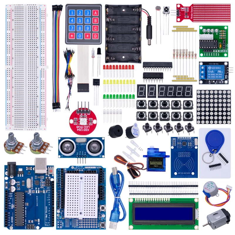 Kompletny zestaw startowy dla Arduino Uno R3, zawiera płytę Uno R3, płytę prototypową, silniki, wyświetlacz LCD, czujniki i akcesoria. — zdjęcie produktu 2