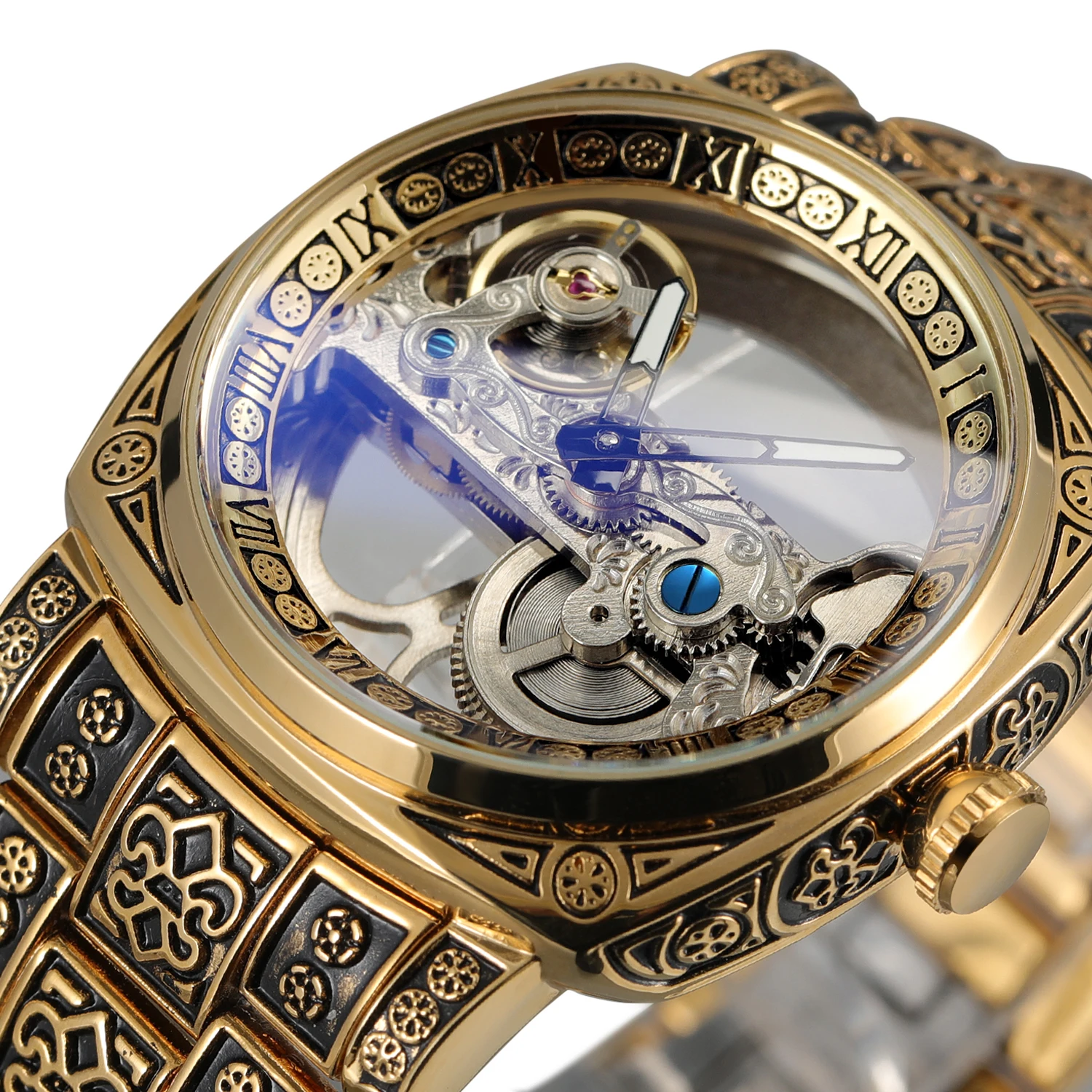 

Forsining Square Luxury Skeleton Mechanical Watches Retro Engraved Case Golden Bridge Automatic Mens Watch Steel Leather Strap