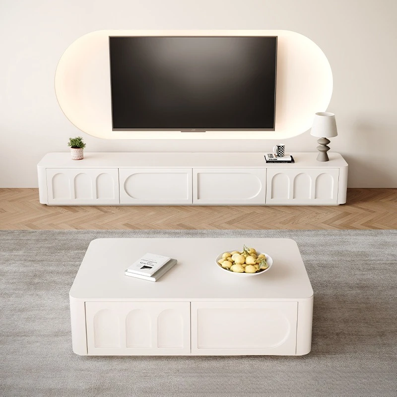 Rock slab floor-to-ceiling TV cabinet coffee table combination living room household cream wind solid wood baking paint