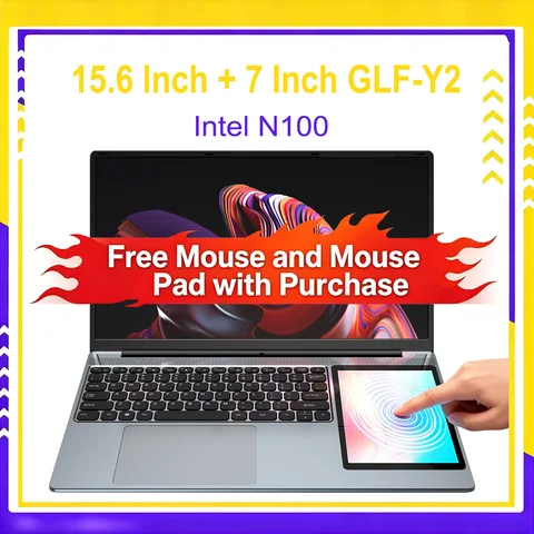 Dual Screen Laptop 15.6 Inch IPS + 7 Inch Touch Screen Laptop Intel N100 32GB DDR4 2TB SSD Office Win11 Gaming Business Notebook