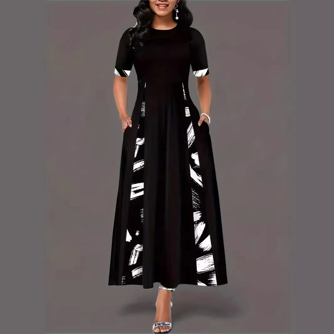 

Fashion Commuter Dress Round Neck Contrast Pocket Short Sleeve Long Dress Irregular Casual Comfort Spring/Summer New Style Dress