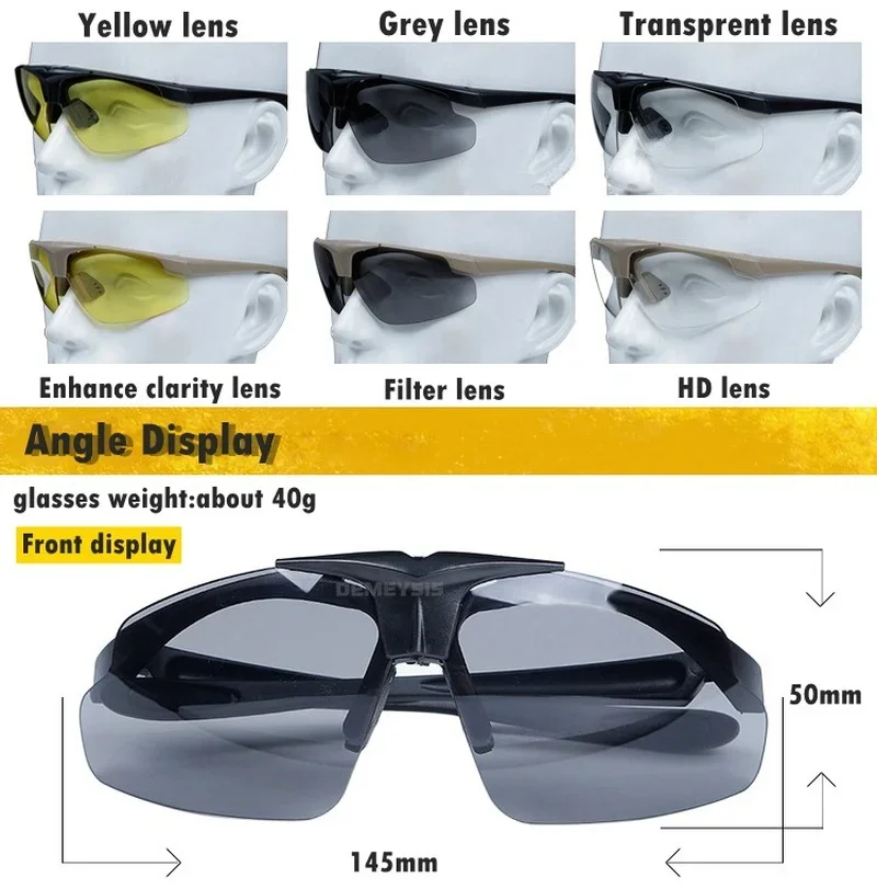 Tactical Shooting Glasses with 3 Interchangeable Lens Eye Protection Men Women Sport Sunglasses with Myopia Frame