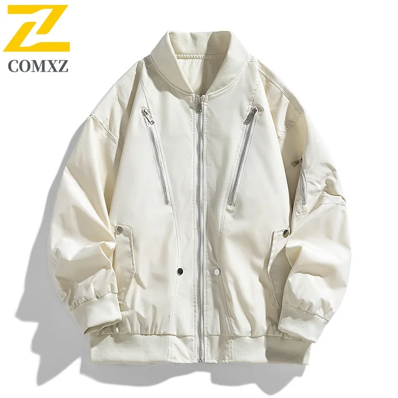 

COMXZ Men Jacket Classic Baseball Collar American Fashion Windproof Comfortable Jackets Zipper Decoration Autumn Motorcycle Coat