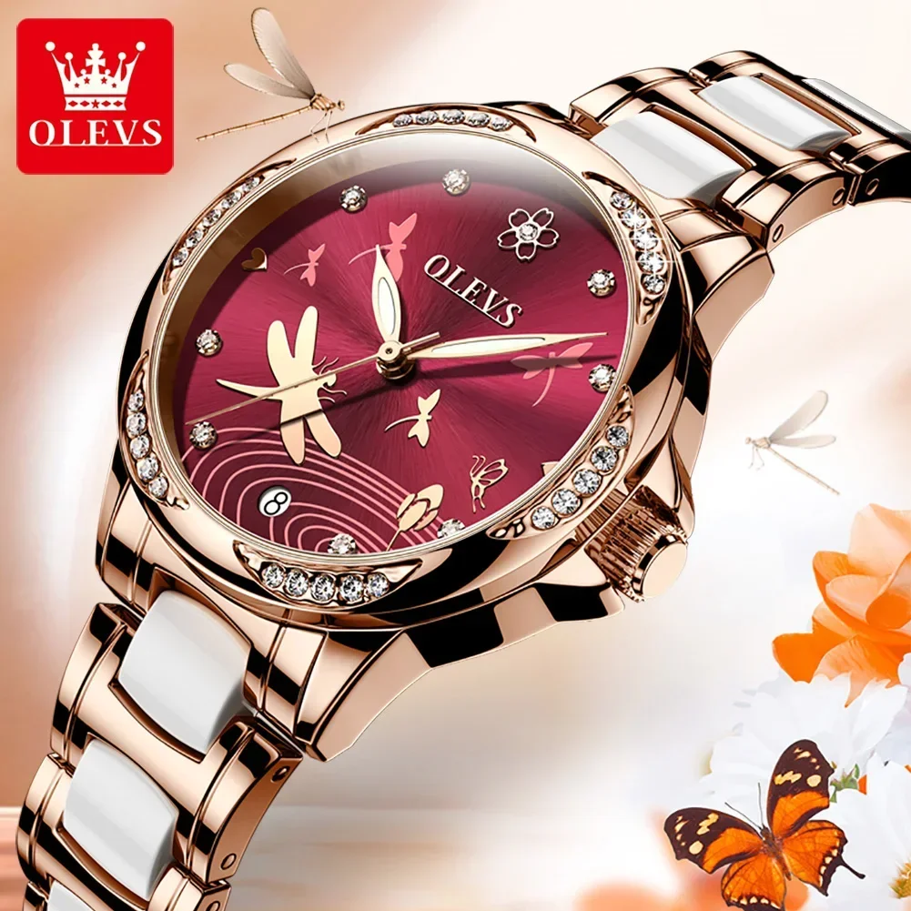 OLEVS relojes automáticos para mujer, correa de cerámica de lujo, relojes para mujer, reloj de pulsera resistente al agua con diseño de libélula luminosa para mujer