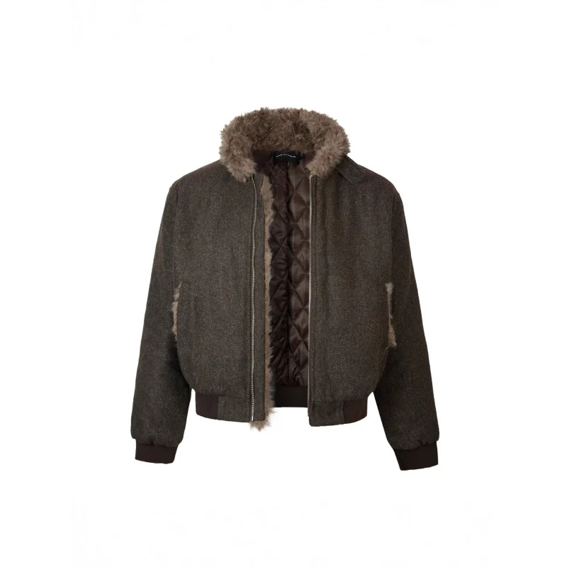 

EME Winter Coarse Wool Cotton Jacket Retro High-End Feel Fur Collar Bomber Jacket Padded Coat