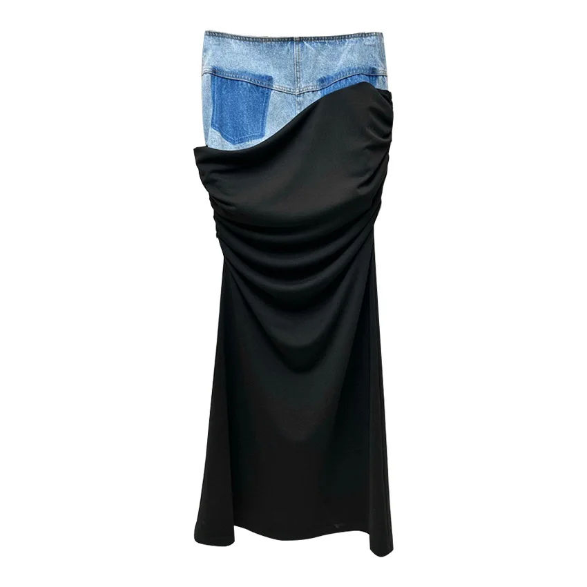 Modern Long Denim Skirt Jeans Women Fake Two Piece Stitching Design Maxi Luxury Streetwear Pleated Skirts Personality Fashion